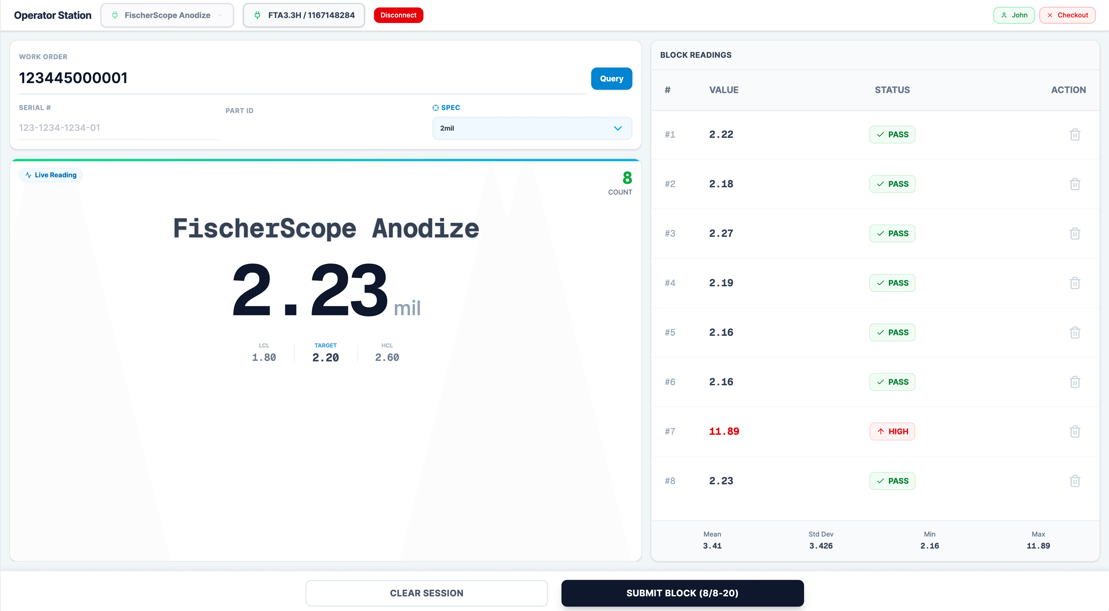 FischerScope Operator Station showing live readings, work order details, and block readings management