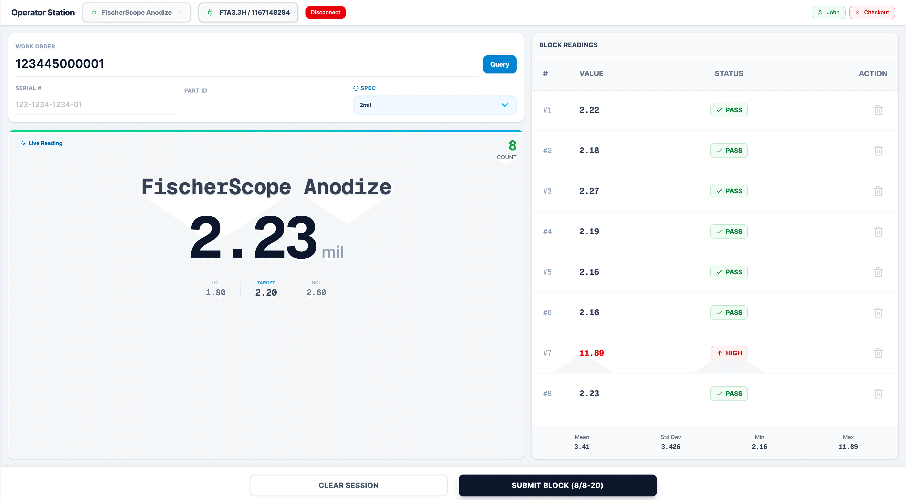 FischerScope Operator Station showing live readings, work order details, and block readings management